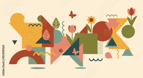 A vibrant abstract composition of geometric shapes blended with stylized flowers and butterflies.