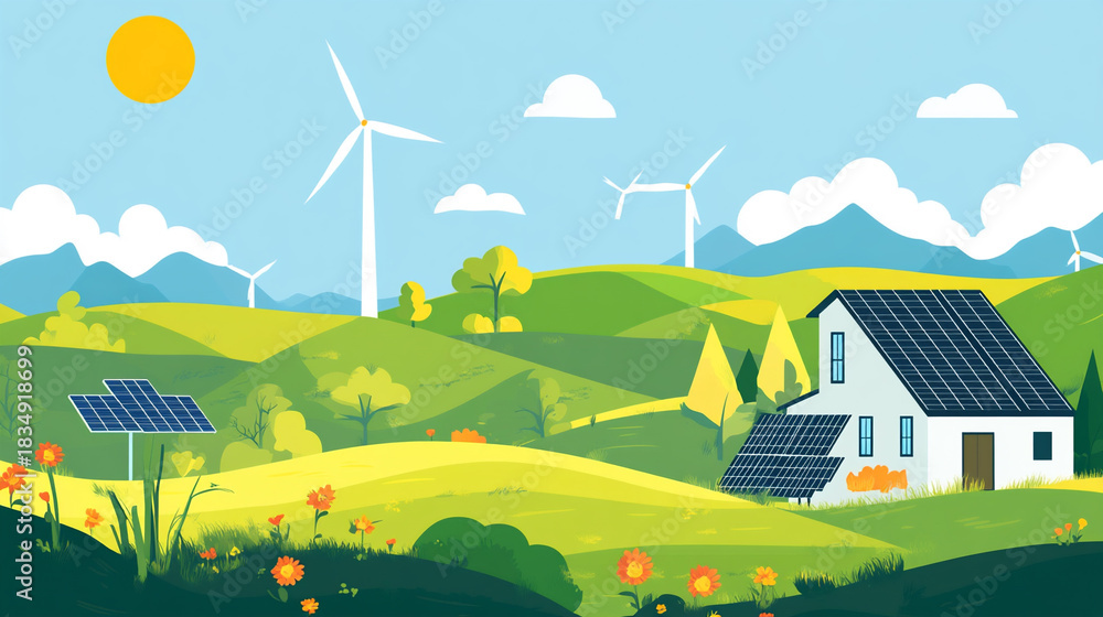 Fototapeta premium Flat illustration of renewable energy with solar panels and wind turbines. Bright minimalist design and clean modern style