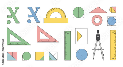 Illustrated collection of school geometry equipment including rulers, protractor, compass, and various shapes.