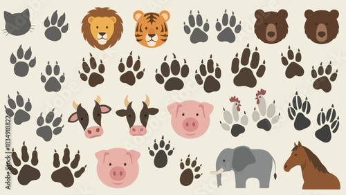 Animal Heads and Footprints Vector Illustration Perfect for Kids Book Material