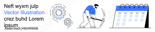 Productivity, workflow, time management, task planning, industrial work, development processes. Worker using pickaxe next to gears and a calendar. Productivity and workflow concept