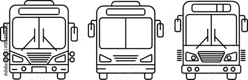 Public Transit Bus Front View Vector Outline Icon Set: City Commuter Passenger Vehicle Transportation Line Art Illustrations for Web, Mobile UI, App Design, and Travel Concepts