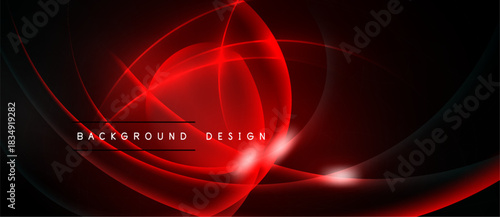 Dark background features vibrant red glowing lines, curves, shapes. Modern design element for digital projects.