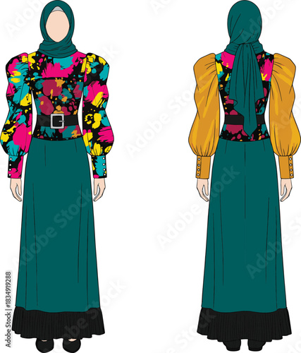 Vibrant Modesty: Contemporary Hijabi Fashion Illustration, Abstract Print Blouse with Puffy Gold Sleeves, Wide Belt, and Long Teal Skirt, Islamic Attire and Muslimah Style Vector