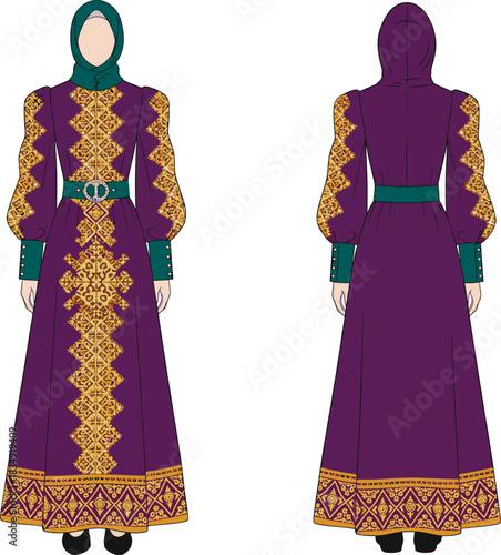 Elegant Royal Purple and Gold Modest Dress Vector: Luxurious Hijabi Fashion Illustration with Intricate Oriental Pattern, Wide Emerald Belt, High Collar, and Bell Sleeves | Islamic Attire