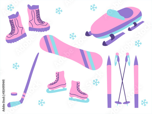 set of winter sports stickers. various    winter sports flat objects. Isolated on white background. sledges,skis,skates,boots,snowboard,stick,puck,hockey