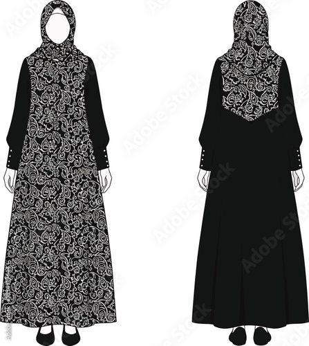 Black and White Paisley Modest Dress Vector: Elegant Islamic Attire Illustration with Detailed Front Panel Embroidery, High Collar, and Cuff Sleeves | Abaya Fashion Flat Sketch