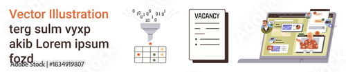 Recruitment, online hiring, data analysis, resume filtering, job portal, digital HR tools. Data funnel with table, vacancy sheet and recruitment webpage. Recruitment and online hiring concept