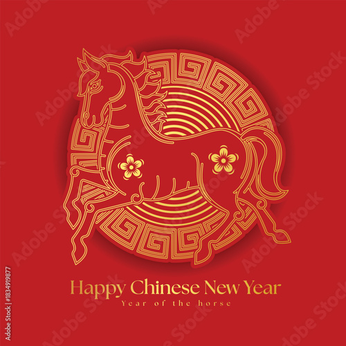 Happy chinese new year, Year of the horse - Gold line chinese horse zodiac on circle chinese line frame red background vector design