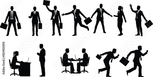Business people silhouettes in office scenes, working, walking, running and meeting poses, professional corporate characters for design and illustration