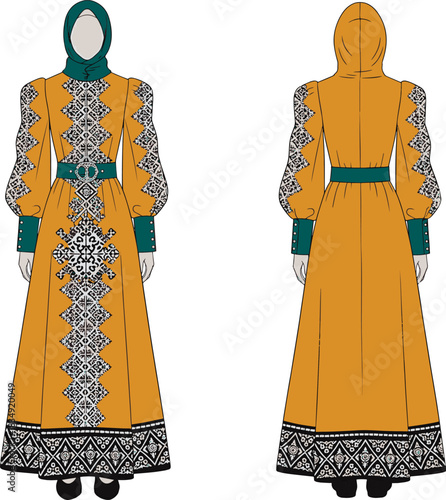 Modest Maxi Abaya Dress Flat Sketch: Intricate Traditional Embroidered Pattern, Puffy Sleeves, Hijab, Belted Waist, and Contrasting Cuffs Technical Drawing