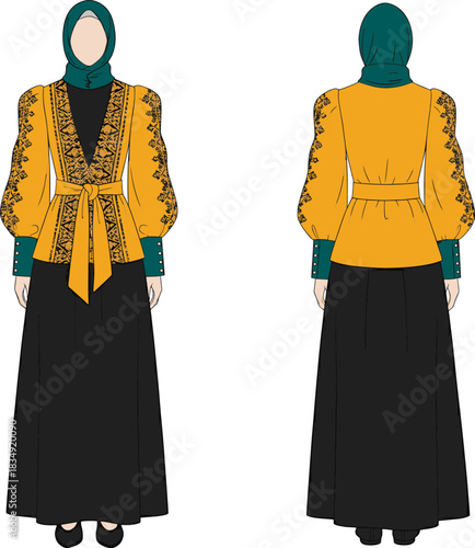 Modest Fashion Look: Embroidered Mustard Peplum Blouse and Black Maxi Skirt with Hijab