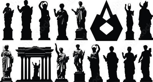 Collection of ancient classical statue silhouettes featuring historic figures, cultural monuments, architectural elements, and artistic poses for creative design and illustration projects