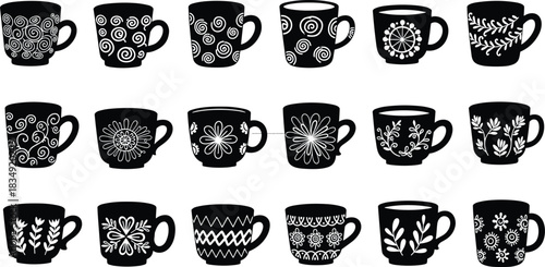 Collection of black and white decorative coffee mugs, hand drawn mug designs, swirl, floral and leaf patterns, minimalist vector illustration