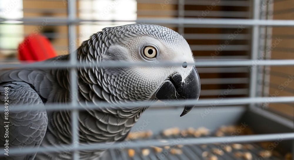 Fototapeta premium A detailed portrait of an African grey parrot looking intently through cage bars.