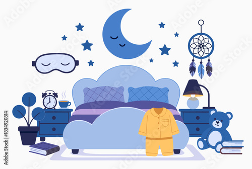 Cute vector illustration of a cozy bedroom decorated with moon, stars, dreamcatcher, teddy bear, and night elements for peaceful sleep.  
