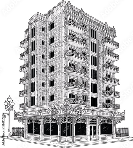 Intricately Detailed Architectural Drawing: Ornate Historic-Style Mixed-Use Building with Balconies
