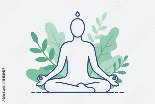 Person meditating in lotus pose with green leaves  
