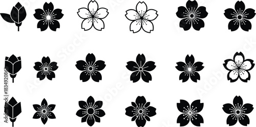 Collection of sakura and cherry blossom icons in simple black and white silhouette style, perfect for decorative designs, floral patterns, and minimal artwork
