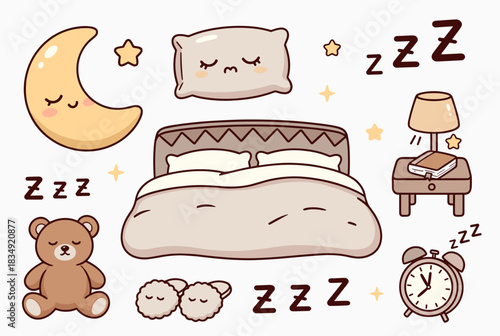 Cute bedtime elements with moon pillow and teddy bear  
