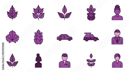 A collection of various purple-themed icons including plants, cars, and people on a white background.