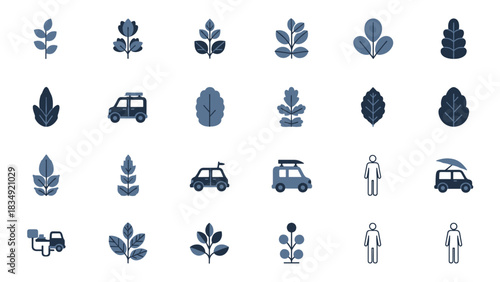 A collection of flat design icons featuring various plant leaves, cars with roof racks for travel, and simple human figures, all in a blue and white color scheme.
