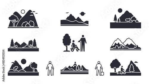 Collection of black and white icons depicting mountains, hiking, camping, and outdoor activities with people and trees, illustrating nature and adventure.