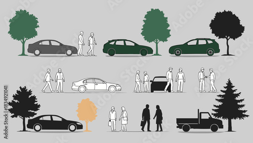 Collection of simplified illustrations featuring cars, people, and trees in various street scenes.