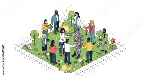 Isometric illustration of a diverse community of civilians welcoming and supporting a soldier in a green park setting.