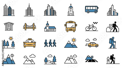 Collection of diverse vector icons representing urban architecture, various modes of transport, and outdoor nature activities like hiking and mountains.