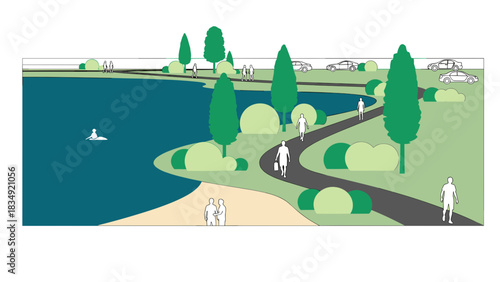 A graphic illustration of a park by a lake with people walking, swimming, and enjoying nature.