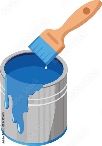 A simple illustration of a paintbrush dipping into a can of blue