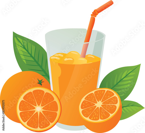 A refreshing glass of freshly squeezed orange juice with oranges and leaves