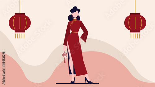 Elegant Woman in Lunar New Year Fashion Flat Illustration