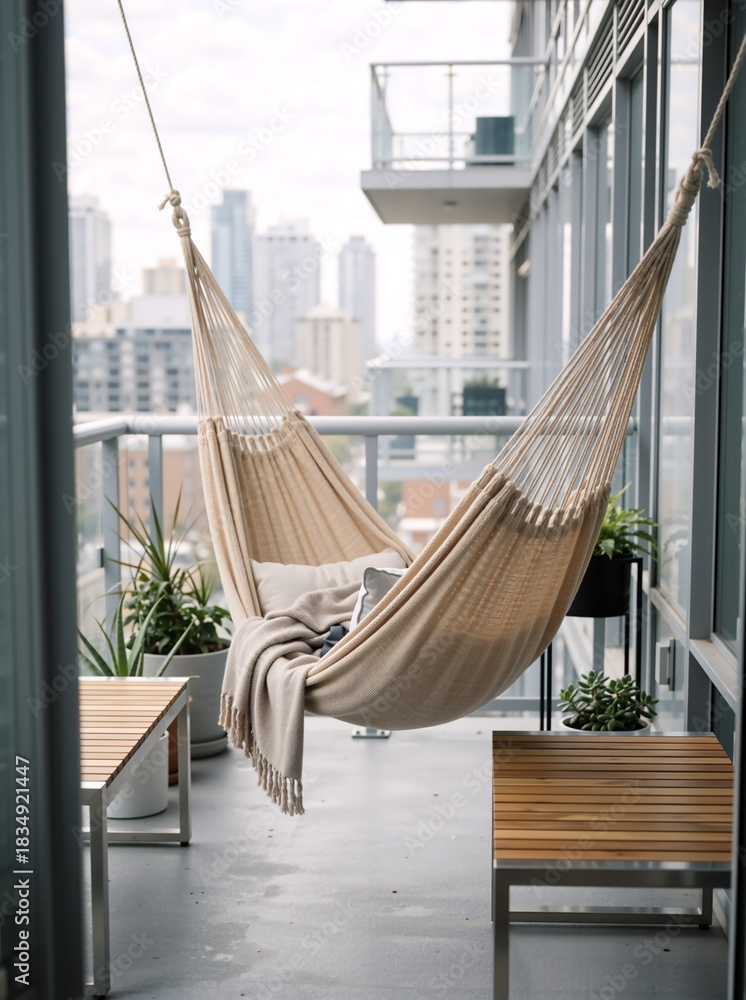 Naklejka premium Empty beige hammock hanging on a modern apartment balcony. Vertical photo of cozy outdoor patio with city skyline view. Urban relaxation concept