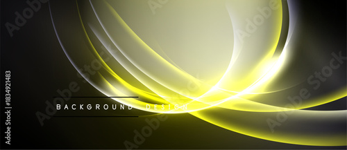Abstract yellow lines over black background. Smooth curves create dynamic, glowing effect. Modern design element for digital projects.