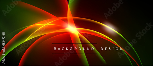 Abstract vibrant design features flowing curves, bright colors, central glow. Dark background enhances luminosity, creating dynamic visual impact.