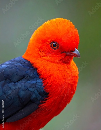 Close-up of a vibrant bird showcasing a striking combination of scarlet plumage, complemented by a deep blue chest and wing feathers