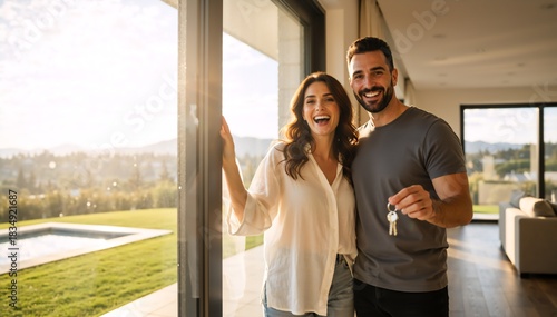 Happy couple holding keys to their new modern home. Excited man and woman celebrating buying a house with a view