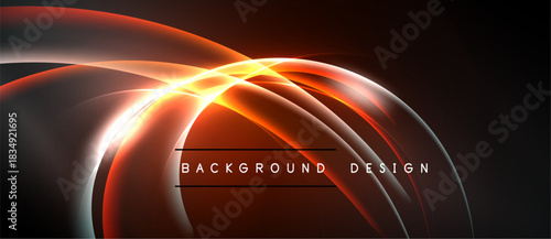 Abstract design features glowing lines, curves, gradients. Dark background emphasizes bright orange, silver elements. Modern aesthetic.