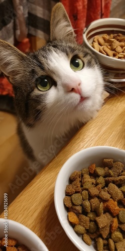 Domestic cat looking at owner wanting food