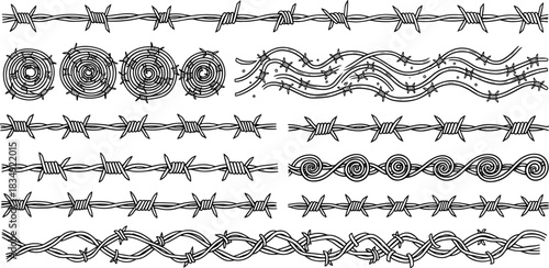 Barbed Wire Hand-Drawn Vector Line Art Set: Includes Seamless Borders, Coiled Rolls, Spiral, and Twisted Fence Elements for Protection, Danger, and Security Concepts