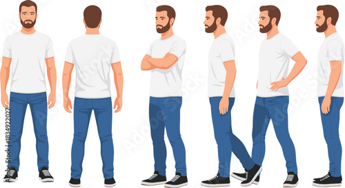 Bearded Male Character Vector Set Front, Back, and Side Views with Walking, Standing, and Posing Variations for T-shirt and Jeans Apparel Mockup Designs