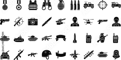 Military silhouette icon set featuring weapons, vehicles, soldiers, grenades, tanks, rockets, rifles, communication devices, and tactical equipment for defense illustration