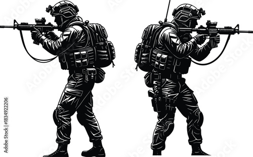 Fully Equipped Military Special Forces Operator Profile in Black and White Engraving Style