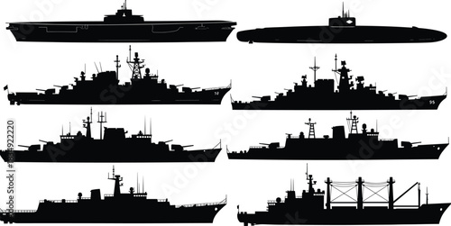 Global Naval Power Fleet Silhouettes: Collection of Modern Warships, Aircraft Carrier, Submarine, Cruisers, Destroyers, and Frigates in Black Vector Outline
