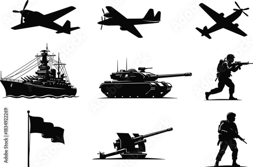 Grid Featuring Aircraft, Battleship, Tank, Soldiers, and Weapons Representing Armed Forces, Combat, and Tactical Power