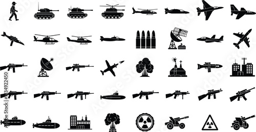 Military Silhouette Icon Set Featuring Soldiers, Weapons, Vehicles, Explosions, and Tactical Symbols for Warfare, Defense, and Strategy Design