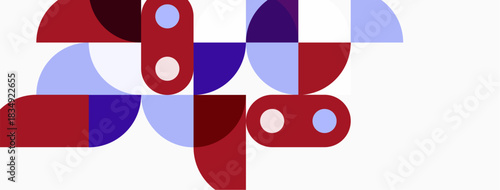 Abstract geometric shapes overlap, creating playful composition. Red, purple, light blue dominate white background. Modern design elements present.