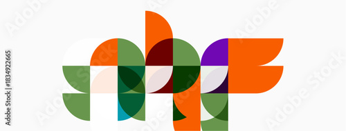 Abstract geometric shapes overlap, creating colorful composition. Circles, squares, rectangles form dynamic visual pattern.